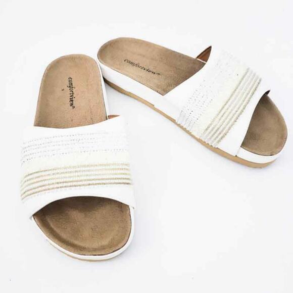 NEW Comfortview Sandals White Beaded Silver Size 8.5M Open Toe Slides Comfort - Picture 1 of 6